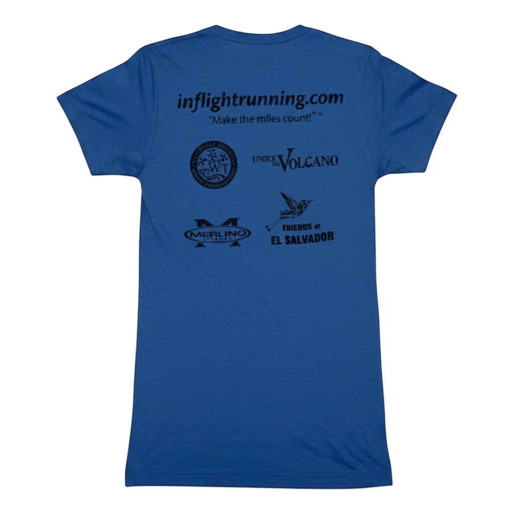 In Flight Running heather blue cotton blend unisex t-shirt with multiple sponsor logos on back.