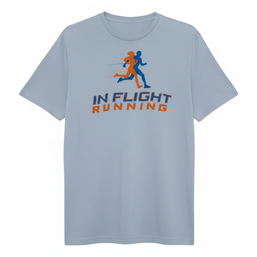 In Flight Running heather blue unisex cotton blend t-shirt with orange and blue runner graphic and text.