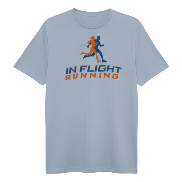 In Flight Running heather blue unisex cotton blend t-shirt with orange and blue runner graphic and text.