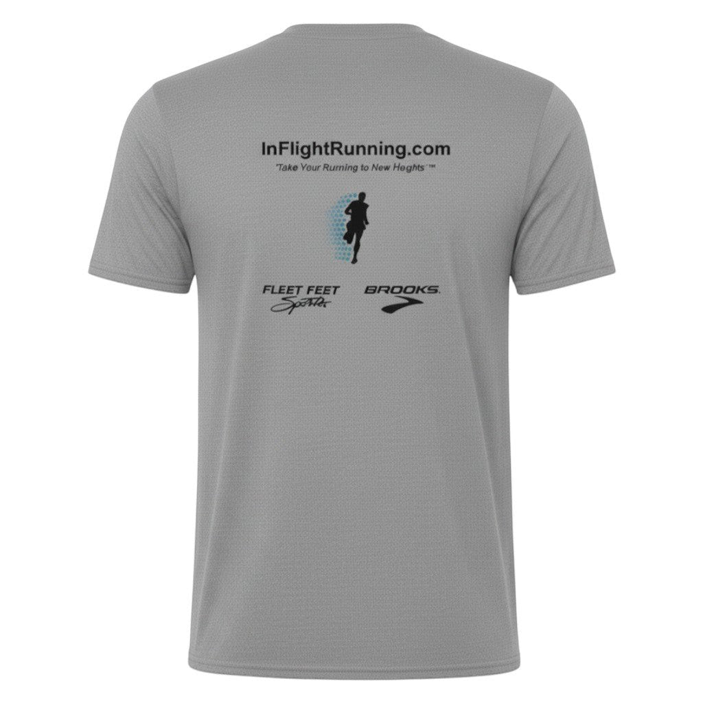In Flight Running heather gray cotton poly blend t-shirt with original logo and sponsor graphics.