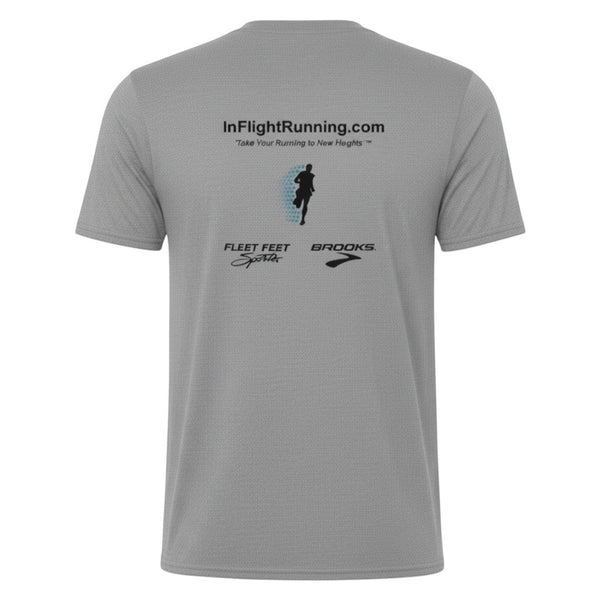 In Flight Running heather gray cotton poly blend t-shirt with original logo and sponsor graphics.