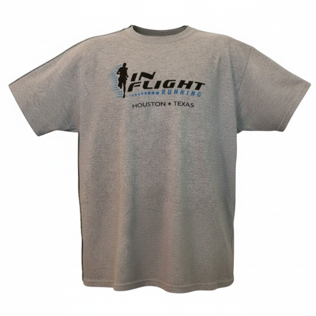 In Flight Running heather gray cotton blend t-shirt with original logo and Houston Texas text.