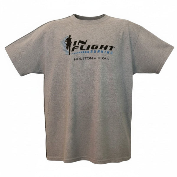In Flight Running heather gray cotton blend t-shirt with original logo and Houston Texas text.