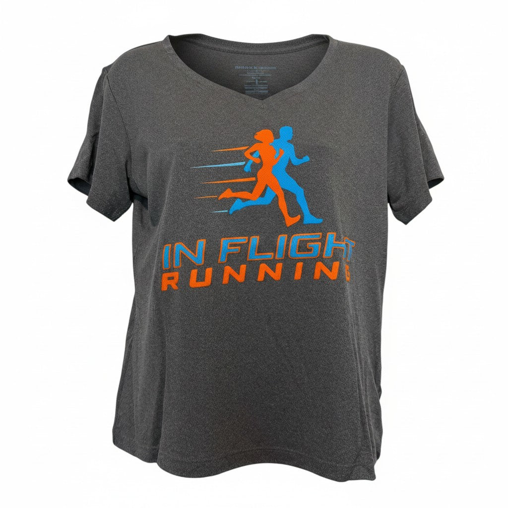 In Flight Running heather gray V-neck performance t-shirt with running graphic and logo. 100% polyester.