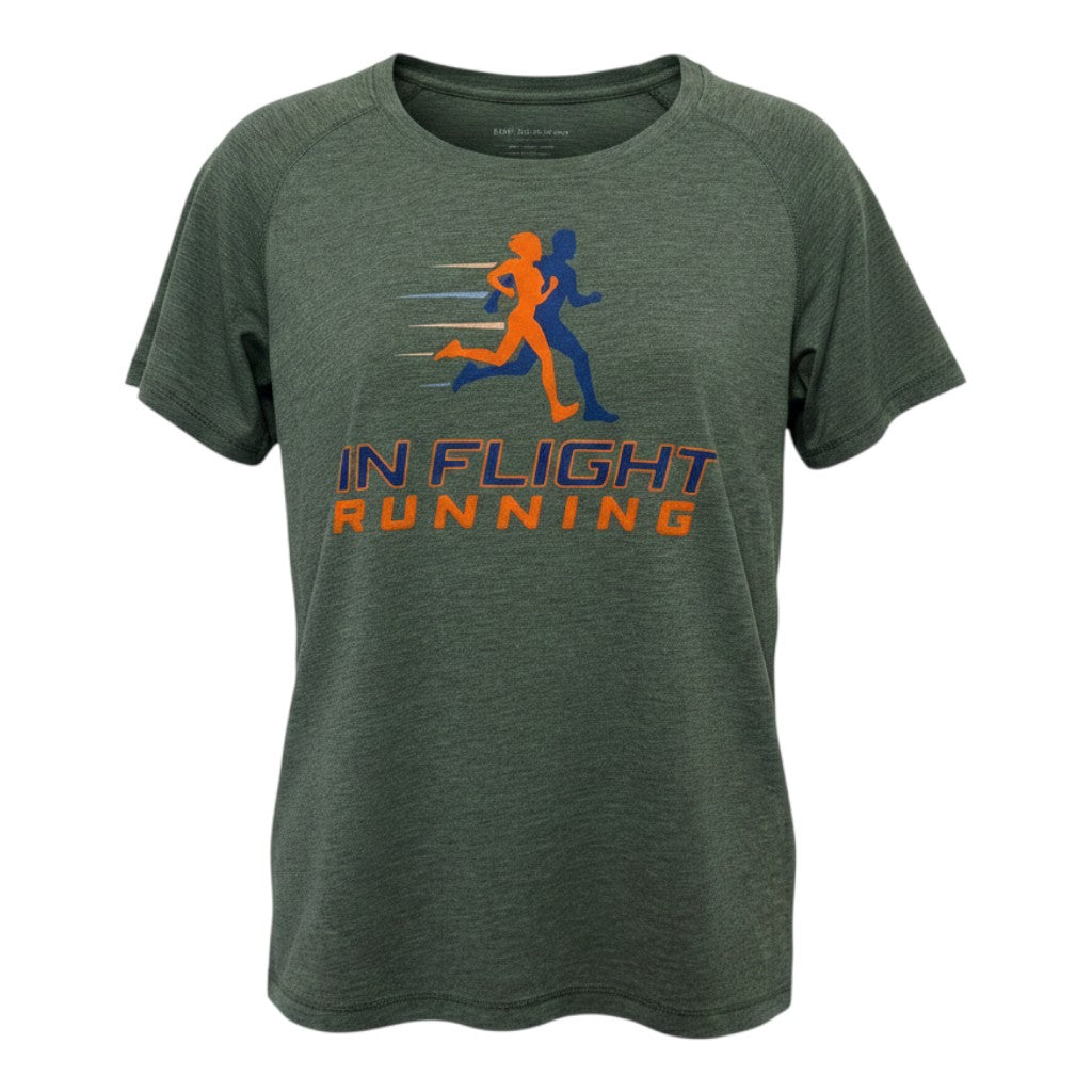 In Flight Running heather green tri-blend scoop neck t-shirt with running graphic and logo.