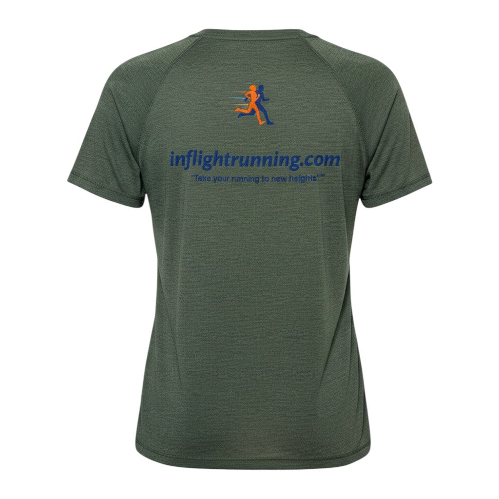 In Flight Running women's heather green tri-blend scoop neck t-shirt with running graphic and website on back.
