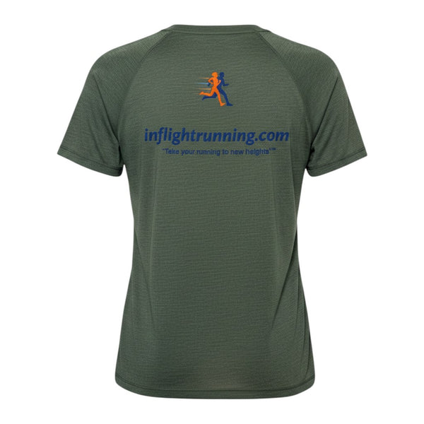 In Flight Running women's heather green tri-blend scoop neck t-shirt with running graphic and website on back.