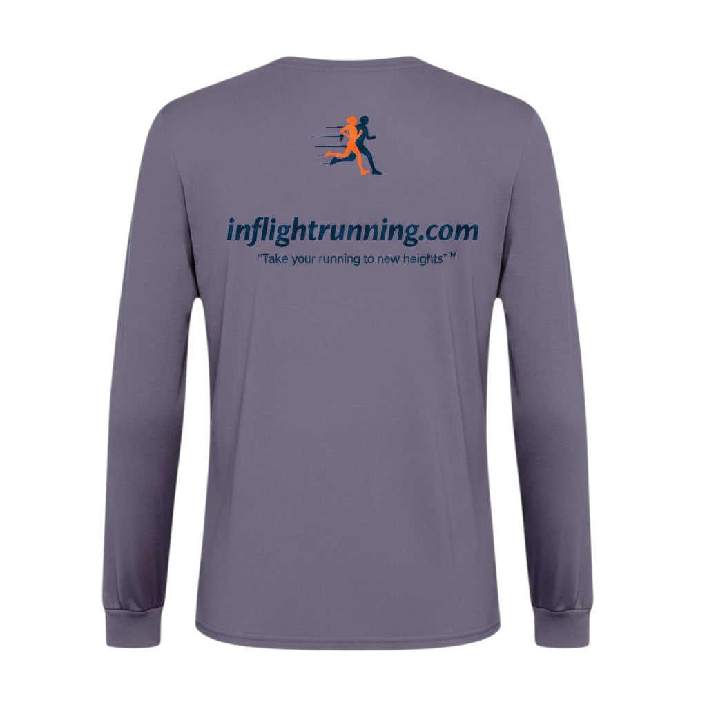 In Flight Running heathered grey long sleeve polyester running shirt with logo and tagline on back.