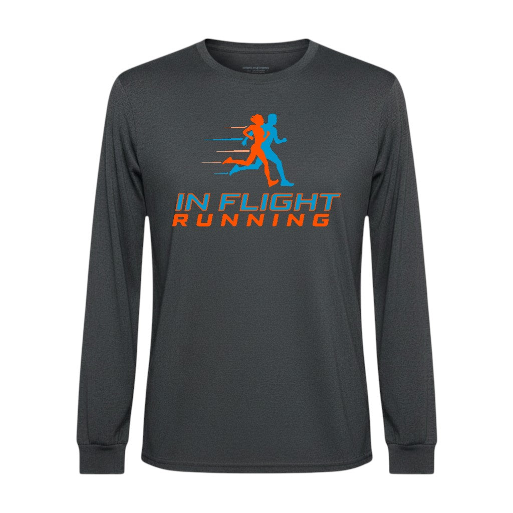 In Flight Running men's heather grey long sleeve performance running shirt, polyester jersey, crew neck.
