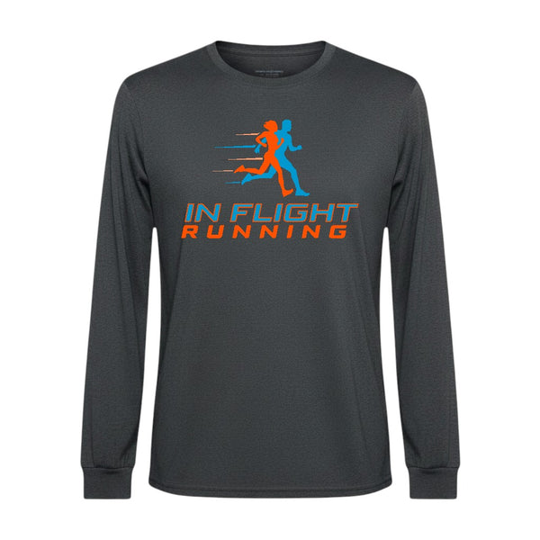 In Flight Running men's heather grey long sleeve performance running shirt, polyester jersey, crew neck.