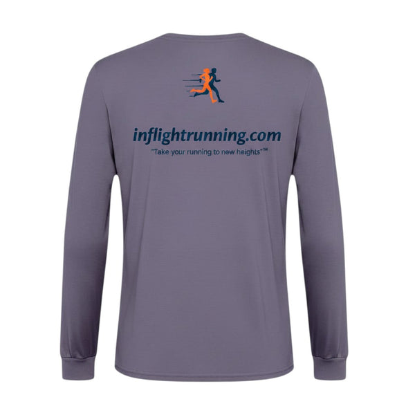 In Flight Running heathered grey long sleeve polyester running shirt with logo and tagline on back.