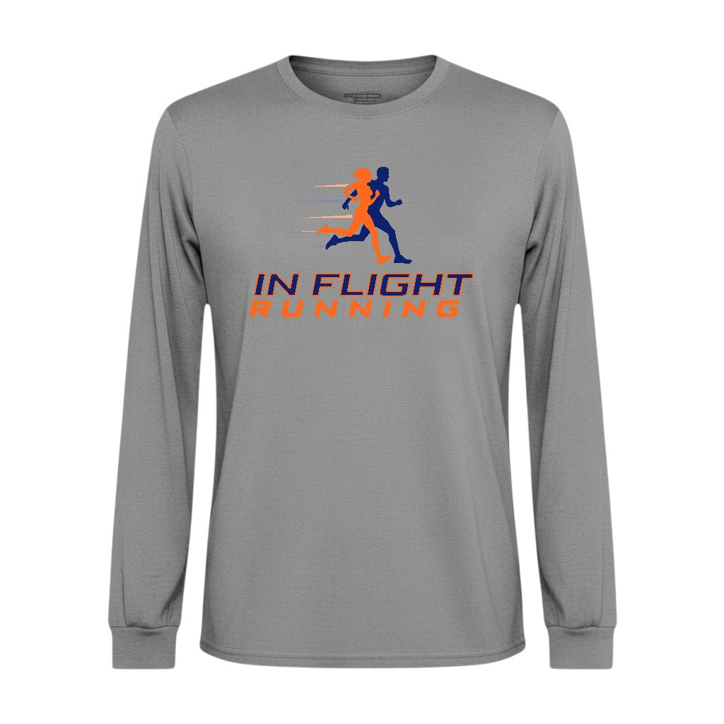 In Flight Running men's heather grey long sleeve performance shirt, 100% polyester, ideal for running and training.