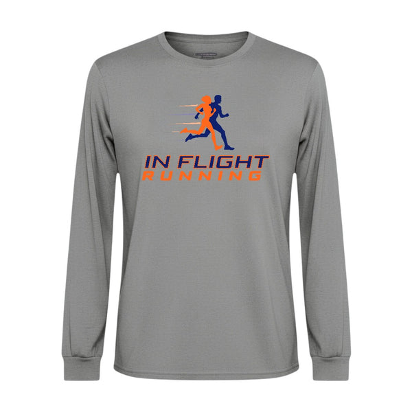In Flight Running men's heather grey long sleeve performance shirt, 100% polyester, ideal for running and training.