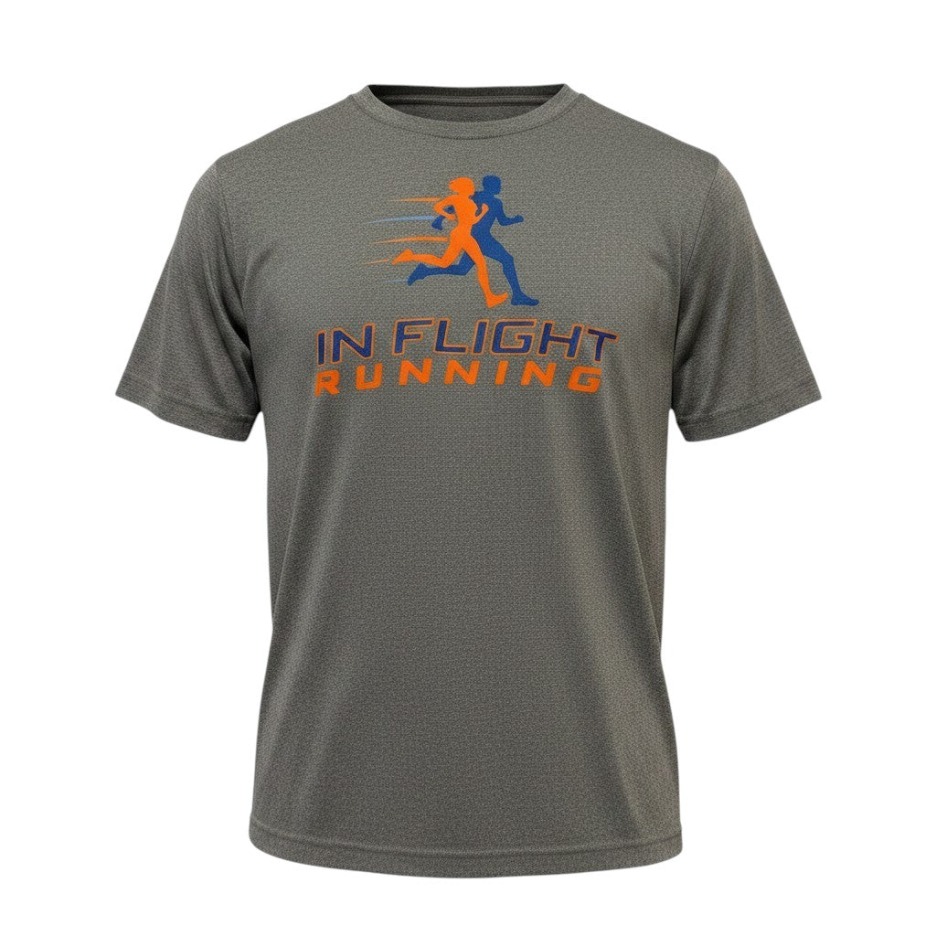 In Flight Running heathered grey polyester running t-shirt with orange and blue graphic.