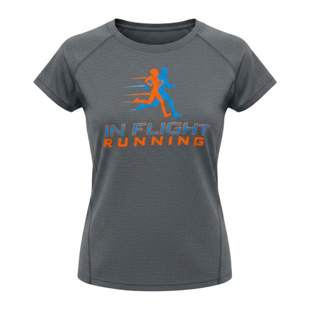 In Flight Running women's heather grey tri-blend scoop neck running t-shirt with orange and blue graphic.