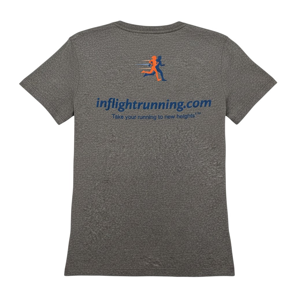 In Flight Running heather grey scoop neck t-shirt with orange and blue running graphic and website text.