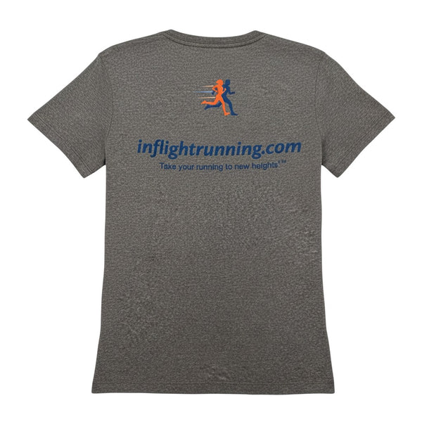 In Flight Running heather grey scoop neck t-shirt with orange and blue running graphic and website text.