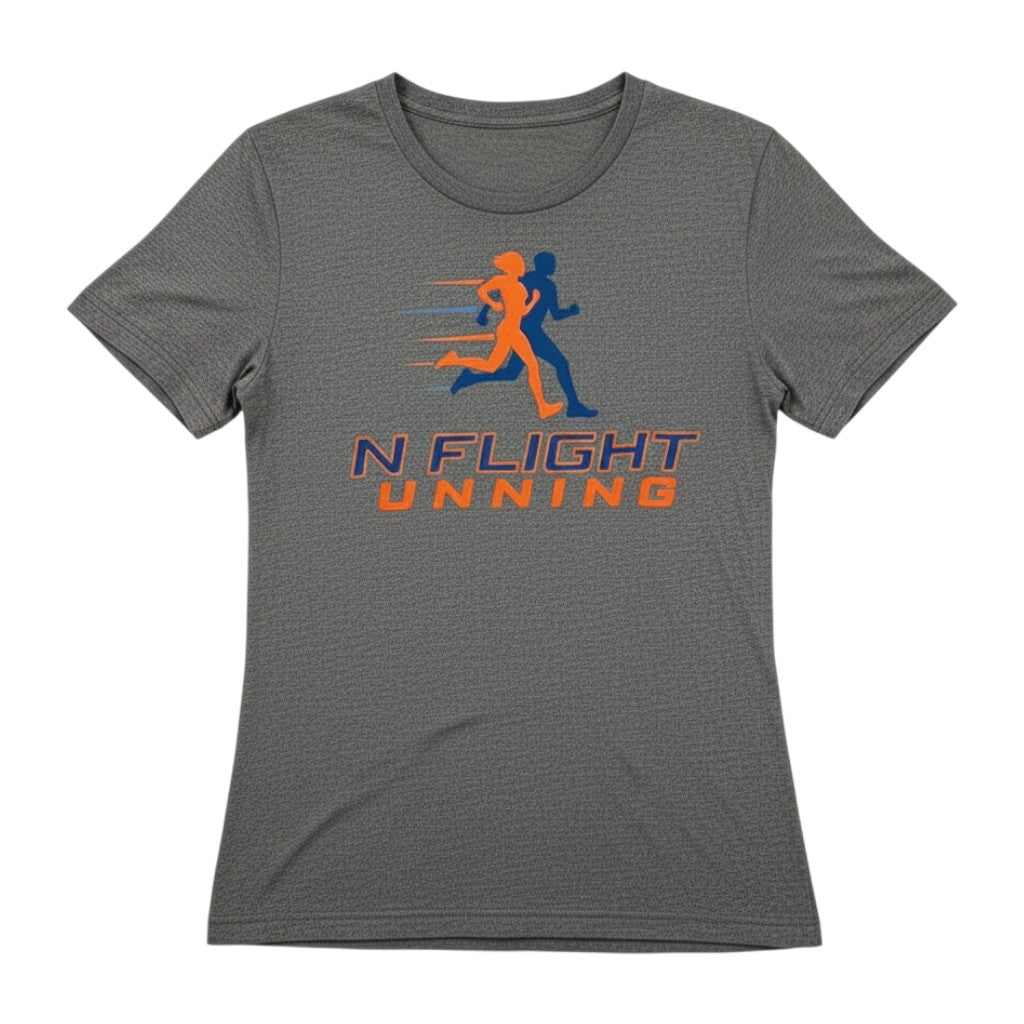 In Flight Running heather grey scoop neck t-shirt with orange and blue running graphic and logo.