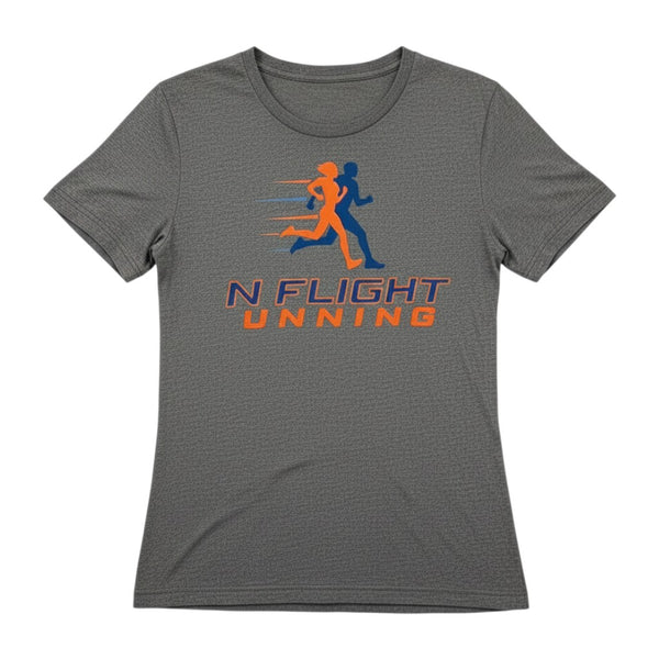 In Flight Running heather grey scoop neck t-shirt with orange and blue running graphic and logo.