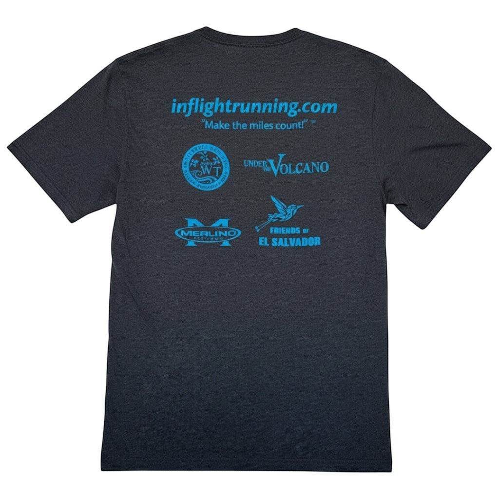 In Flight Running dark heather grey short sleeve t-shirt with multiple sponsor logos and website printed in blue.