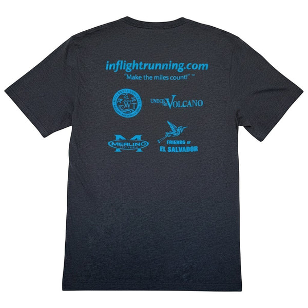In Flight Running dark heather grey short sleeve t-shirt with multiple sponsor logos and website printed in blue.