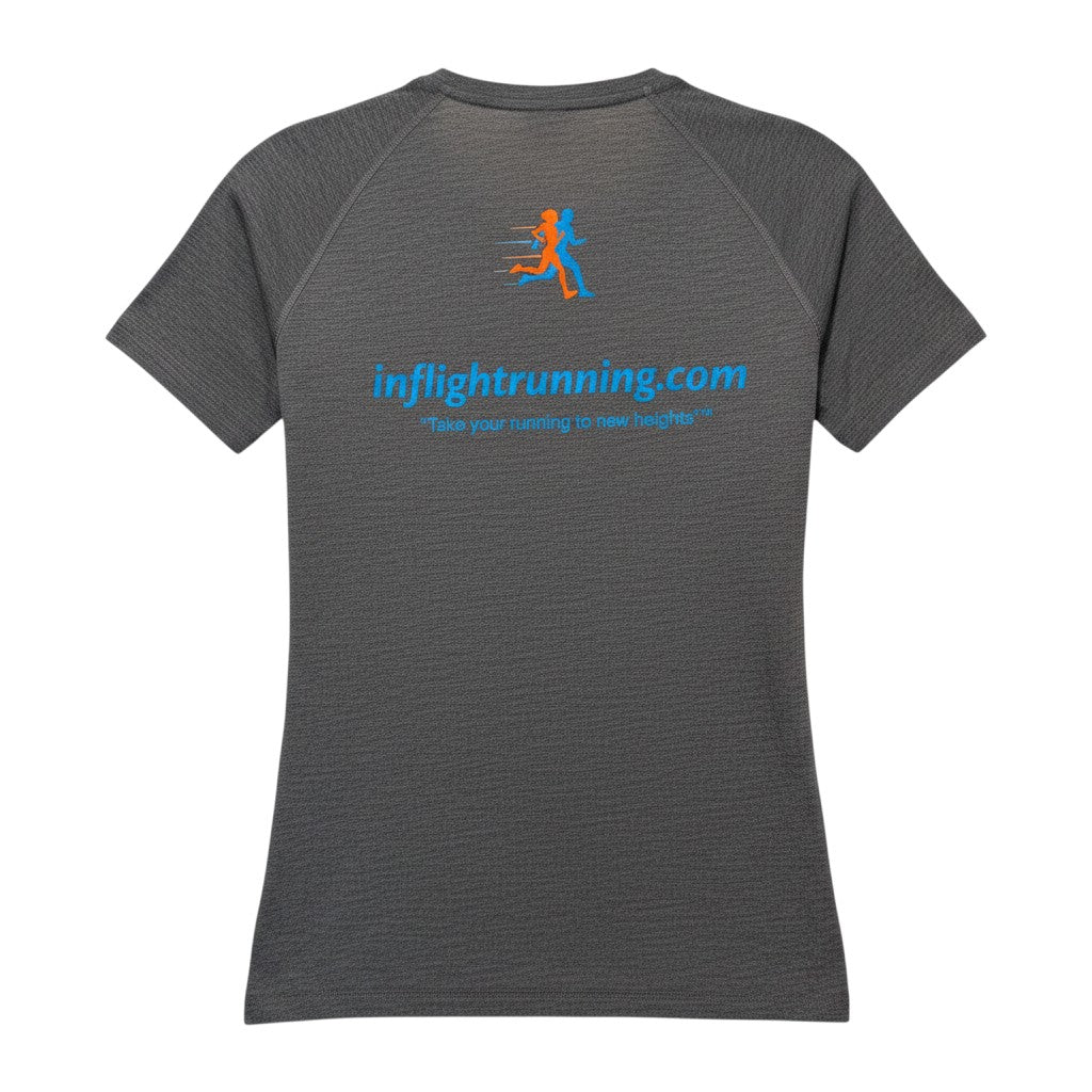 In Flight Running heather grey tri-blend women's running t-shirt with scoop neck and logo on back.