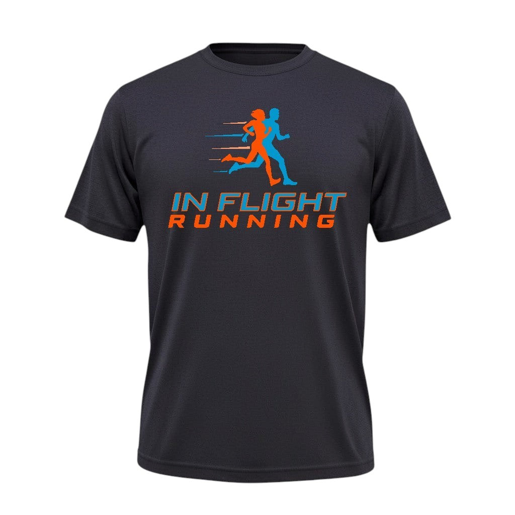 In Flight Running Men's dark heather grey short sleeve performance t-shirt with crew neck, ideal for running.