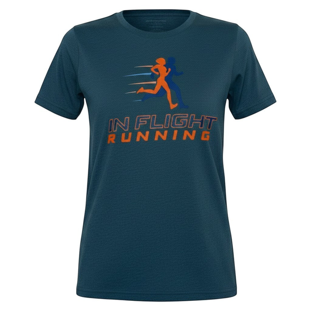 In Flight Running heather dark teal cotton blend unisex t-shirt with orange running graphic and logo.