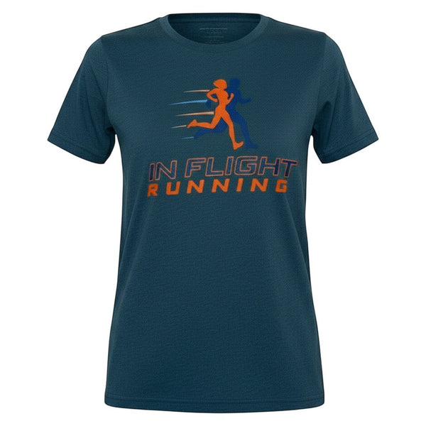 In Flight Running heather dark teal cotton blend unisex t-shirt with orange running graphic and logo.