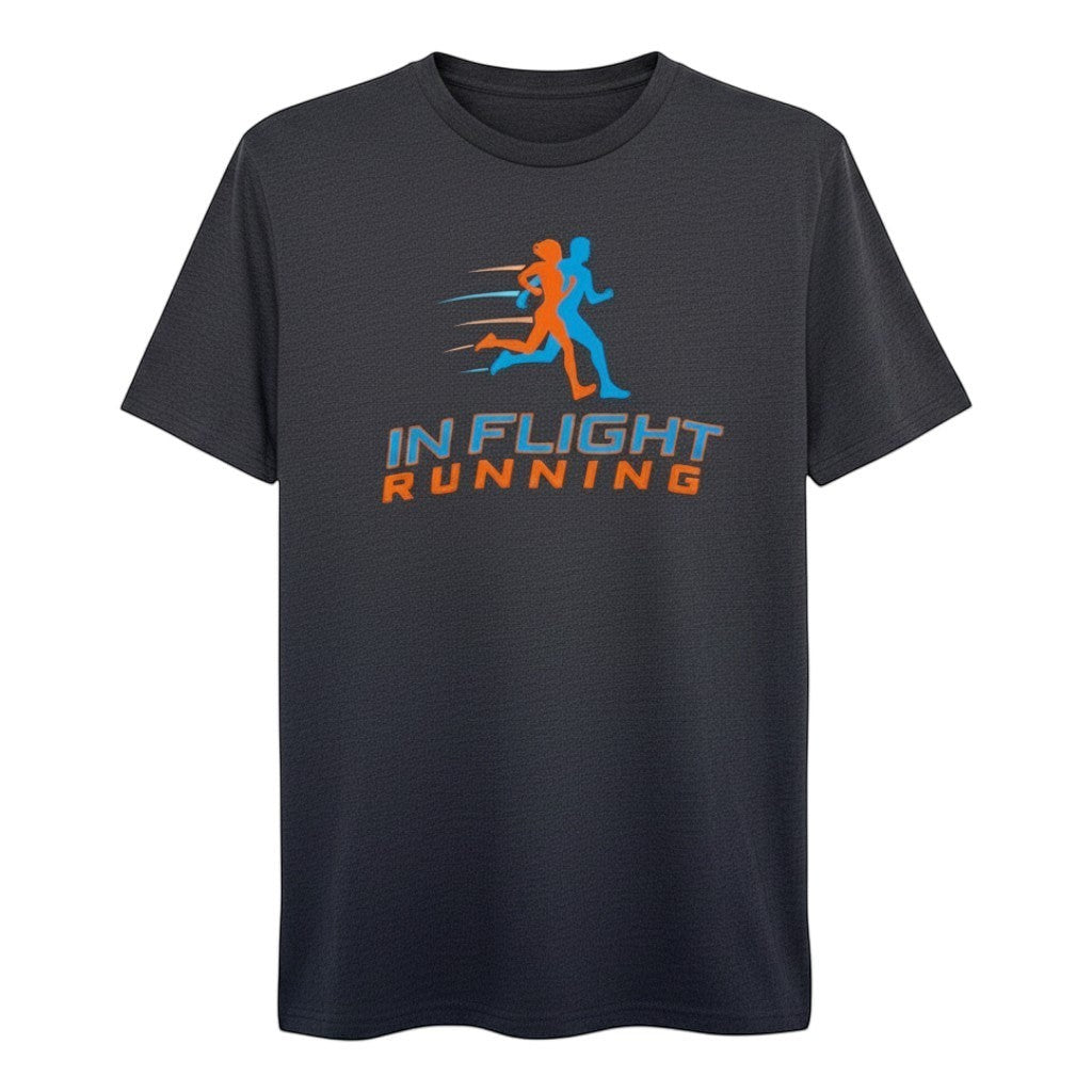 In Flight Running charcoal heather t-shirt with dual runners logo. Unisex, cotton/poly blend.