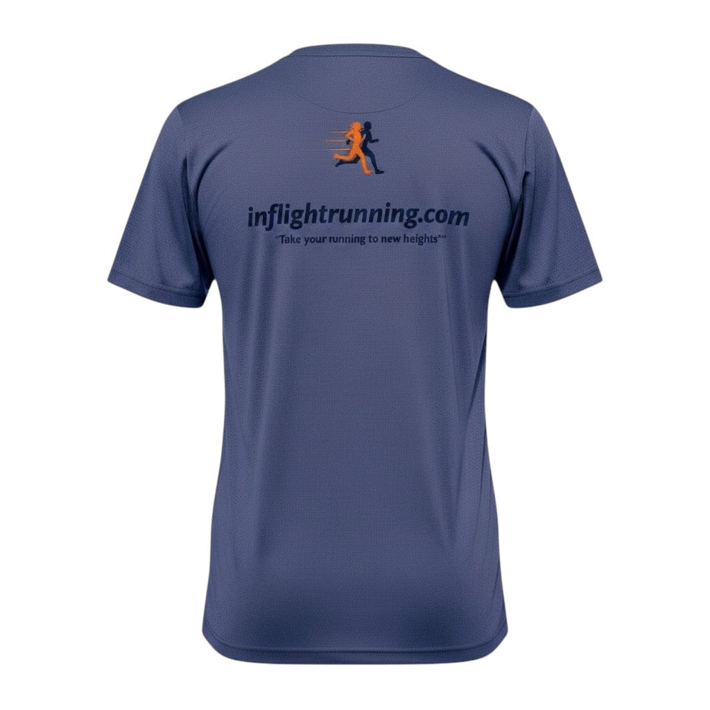 In Flight Running men's heathered blue short-sleeve performance t-shirt with logo and tagline on back.