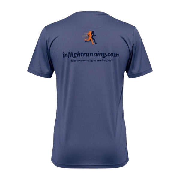 In Flight Running men's heathered blue short-sleeve performance t-shirt with logo and tagline on back.