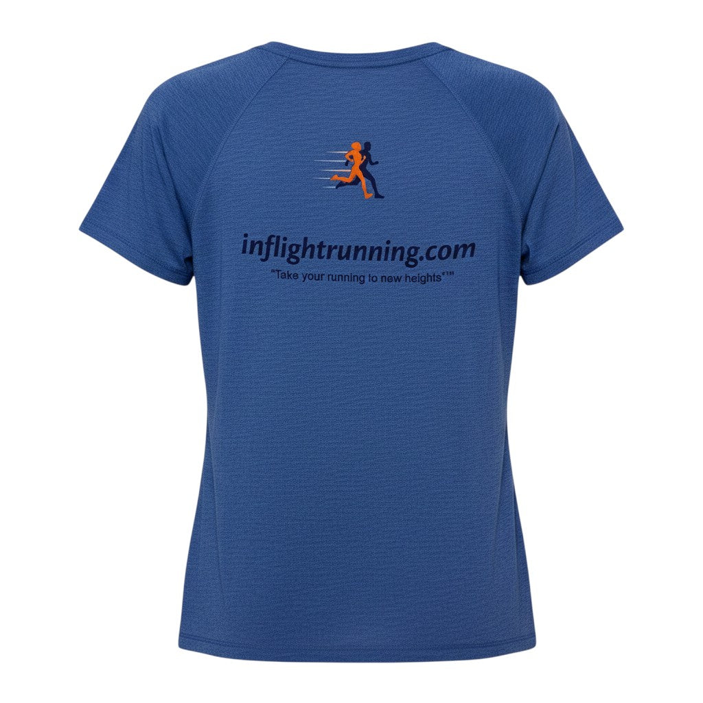 In Flight Running women's heathered blue tri-blend scoop neck t-shirt with running graphic and website on back.