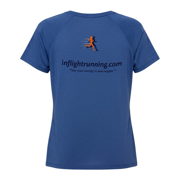 In Flight Running women's heathered blue tri-blend scoop neck t-shirt with running graphic and website on back.