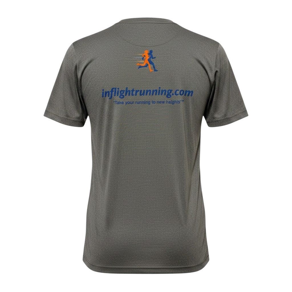 In Flight Running heathered grey polyester short-sleeve running t-shirt with moisture-wicking fabric and In Flight Running logo on back.
