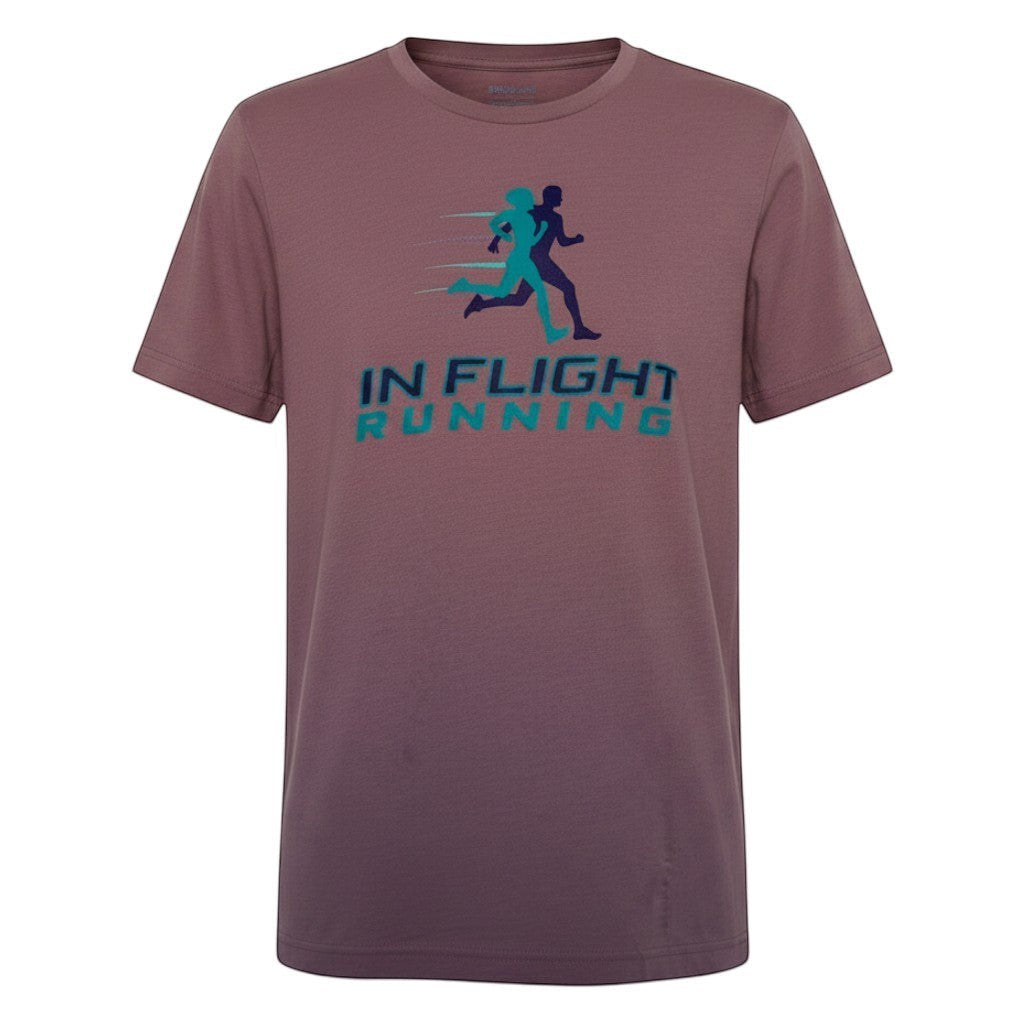 In Flight Running heathered mauve short sleeve unisex t-shirt with dual runners graphic and logo