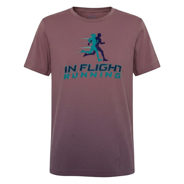 In Flight Running heathered mauve short sleeve unisex t-shirt with dual runners graphic and logo
