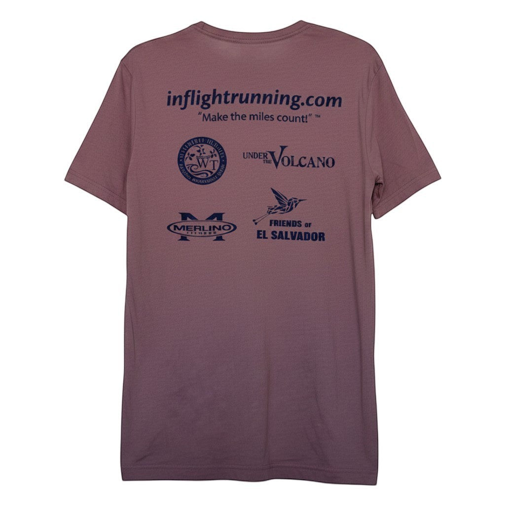 In Flight Running heathered mauve short-sleeve t-shirt with multiple sponsor logos on the back.