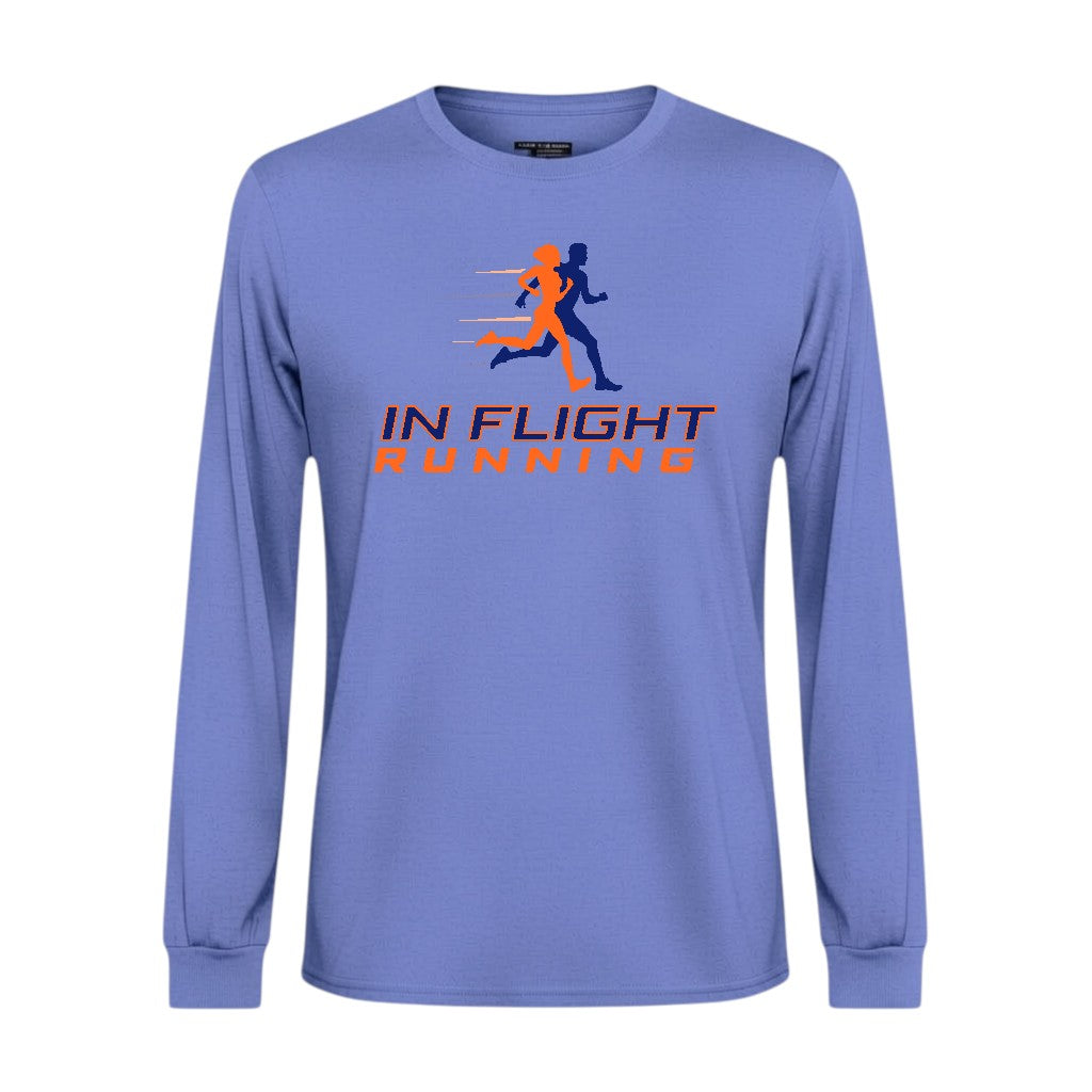 In Flight Running men's heathered periwinkle long sleeve performance running shirt, 100% polyester jersey