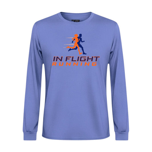 In Flight Running men's heathered periwinkle long sleeve performance running shirt, 100% polyester jersey