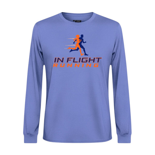 In Flight Running men's heathered periwinkle long sleeve performance running shirt, 100% polyester jersey