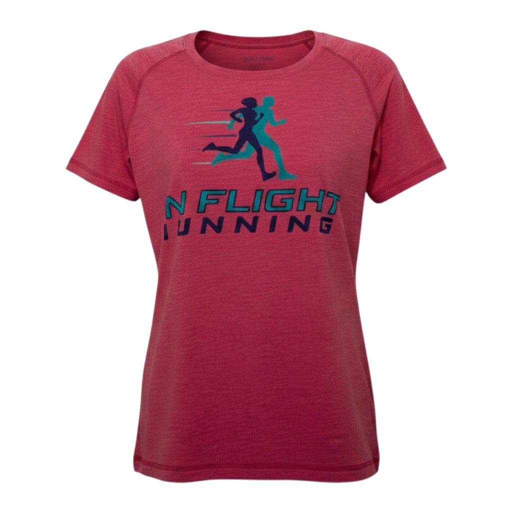 In Flight Running women's heathered pink tri-blend scoop neck t-shirt with running graphic and logo.