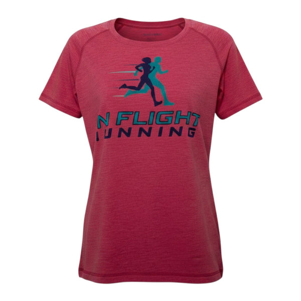 In Flight Running women's heathered pink tri-blend scoop neck t-shirt with running graphic and logo.