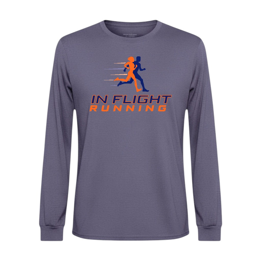In Flight Running men's heathered purple long sleeve performance running shirt made of polyester jersey.