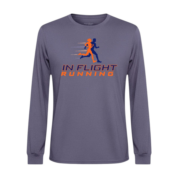 In Flight Running men's heathered purple long sleeve performance running shirt made of polyester jersey.