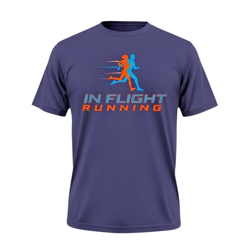 In Flight Running men's heathered purple polyester short-sleeve running t-shirt with dual runner graphic and logo.