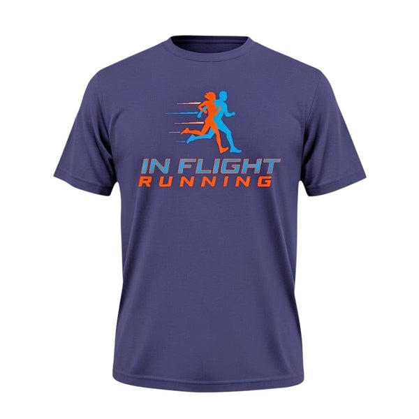 In Flight Running men's heathered purple polyester short-sleeve running t-shirt with dual runner graphic and logo.