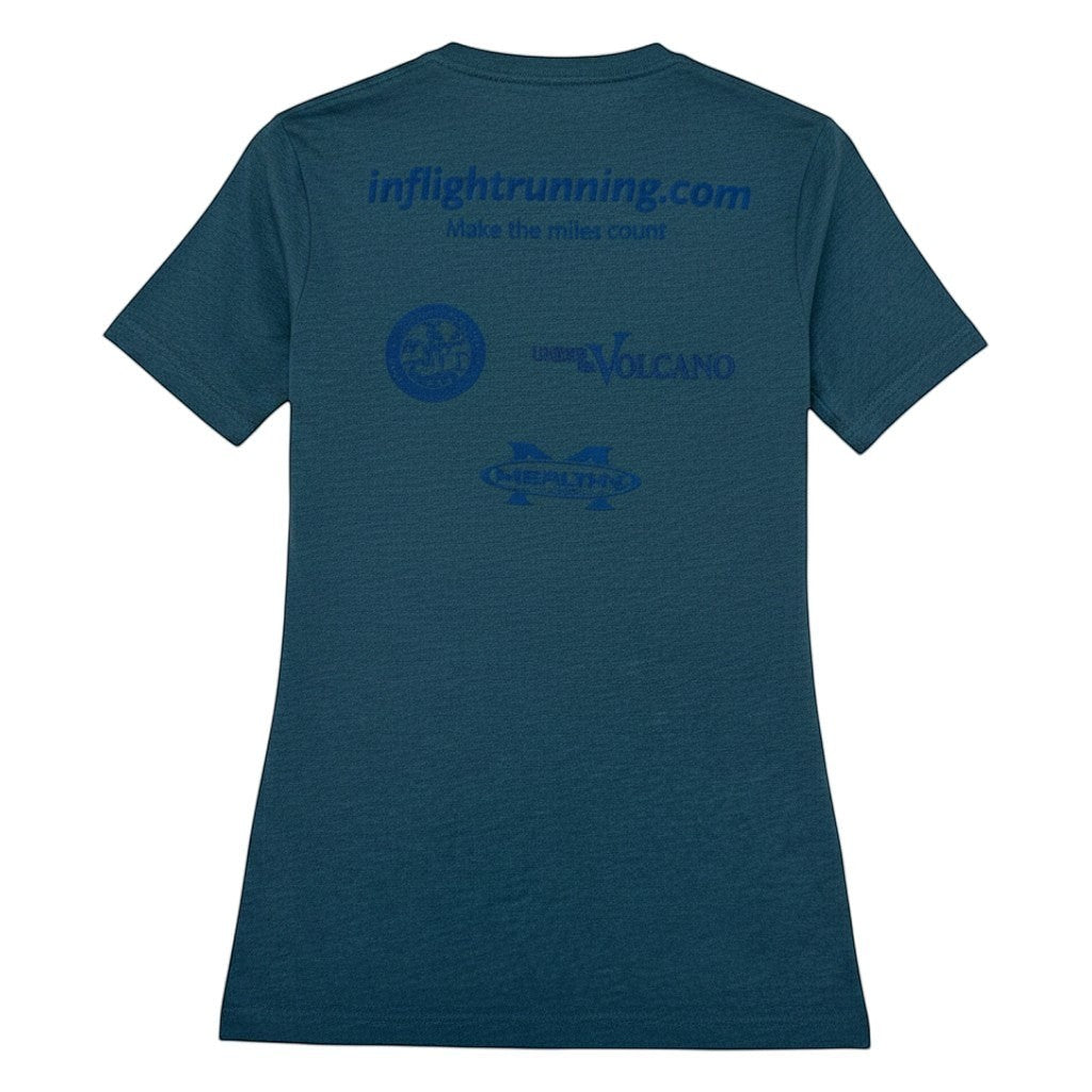 In Flight Running heathered teal cotton blend t-shirt with multiple blue logos and text on back.
