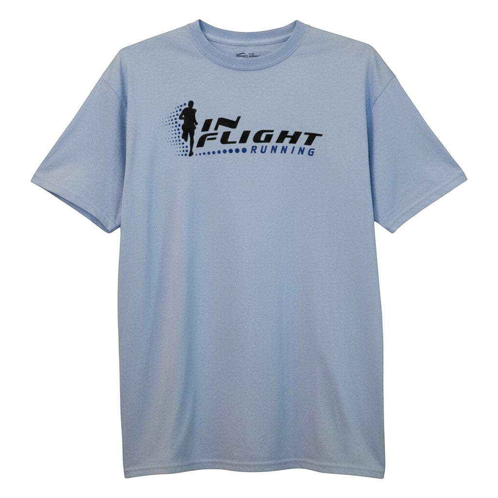 In Flight Running light blue cotton/poly blend t-shirt with original logo on front.