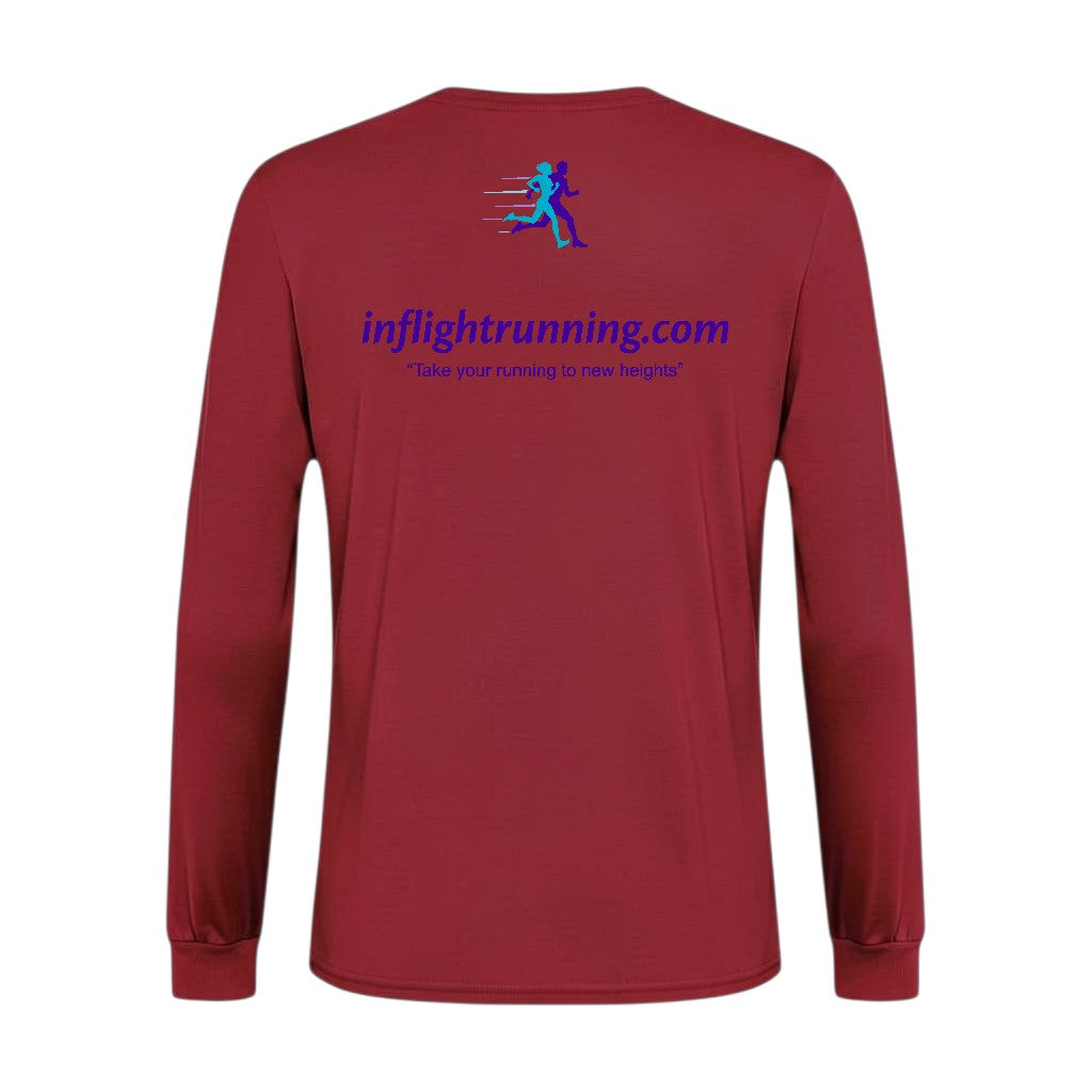 In Flight Running men's long sleeve performance shirt in heathered maroon polyester jersey. Moisture-wicking and breathable.
